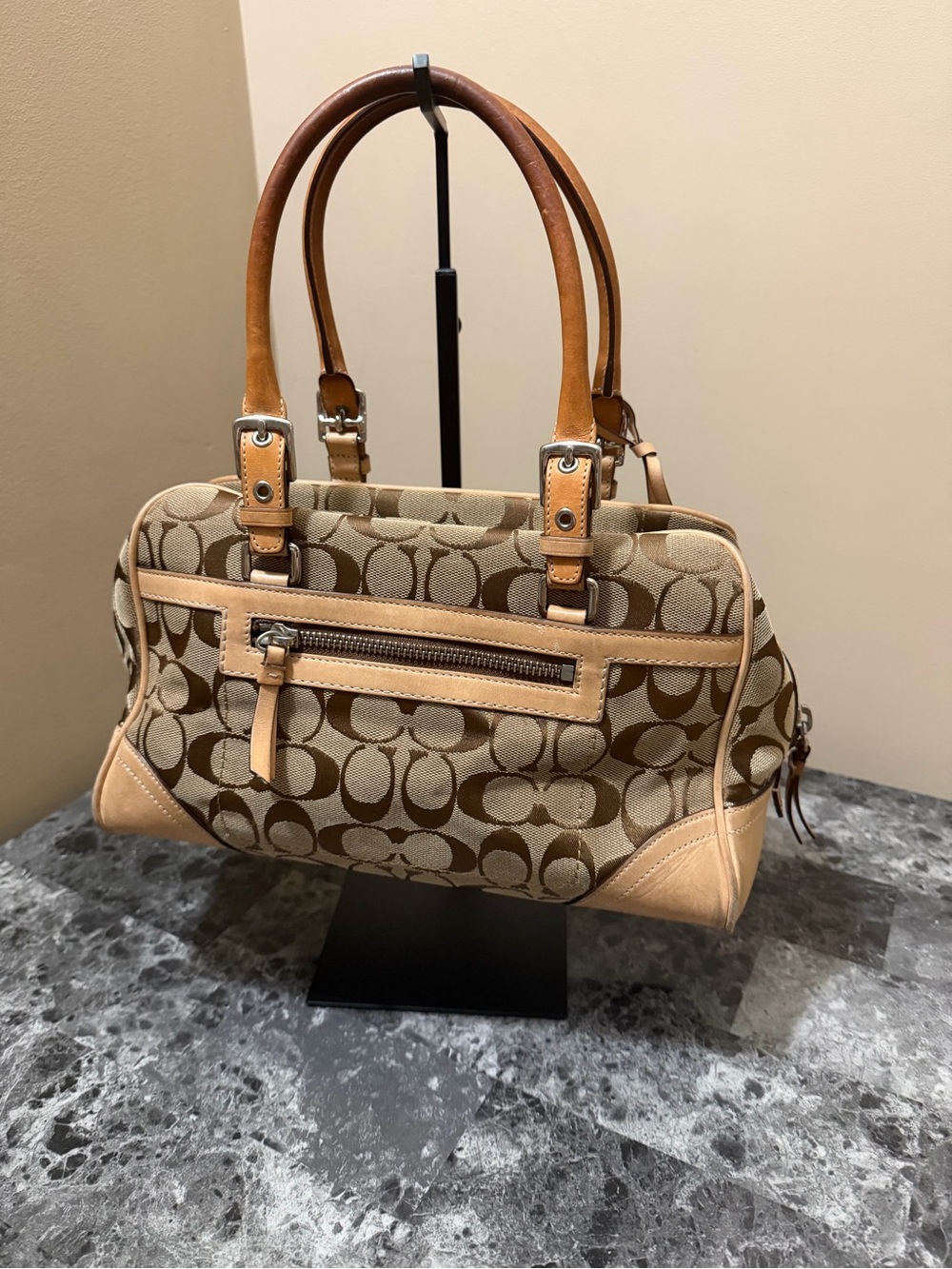 COACH Canvas Leather Beige Brown Handbag - Picture 3 of 7